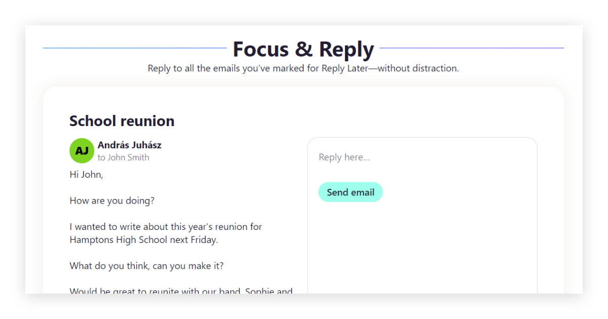 Focus & reply feature in Hey.