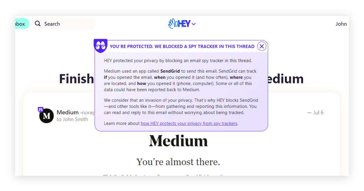 Spy tracker warning for incoming messages in Hey.