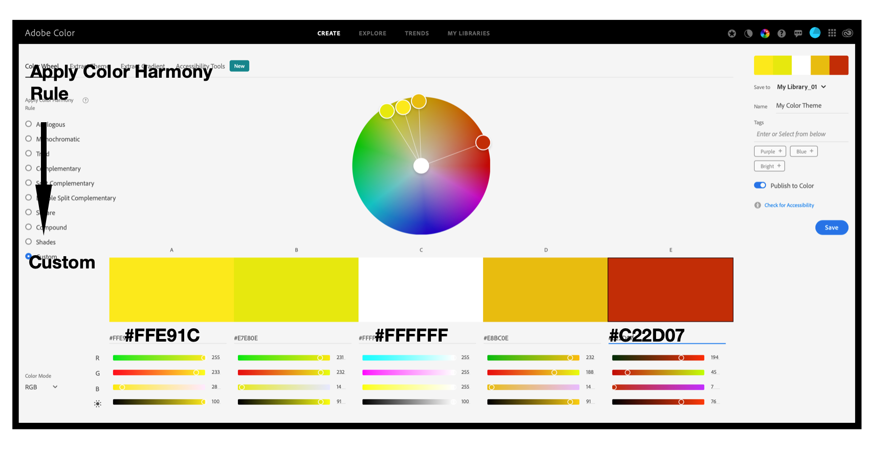 Positioning the Yellow #FFE91C and Red #C22D07 color elements in Adobe Color.