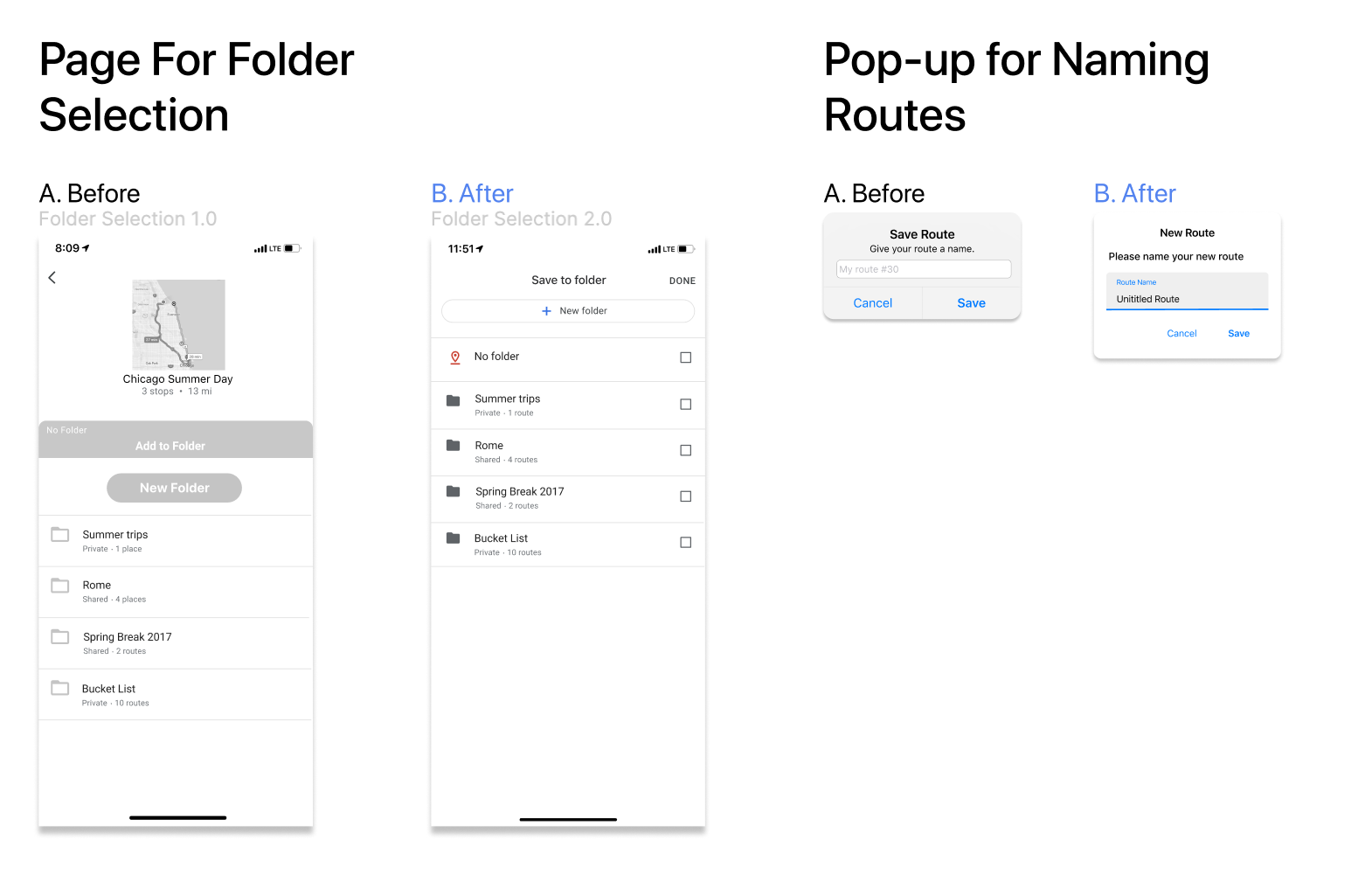 Comparison of 2 folder selection pages and 2 pop-ups for naming routes with focus on maintaining Google Maps visual design.
