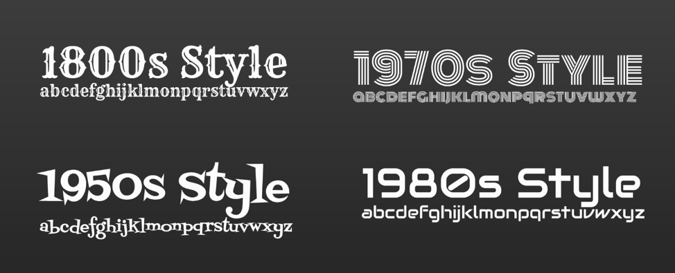 Four historical styles of typefaces from the 1800s, 1950s, 1970s, and 1980s