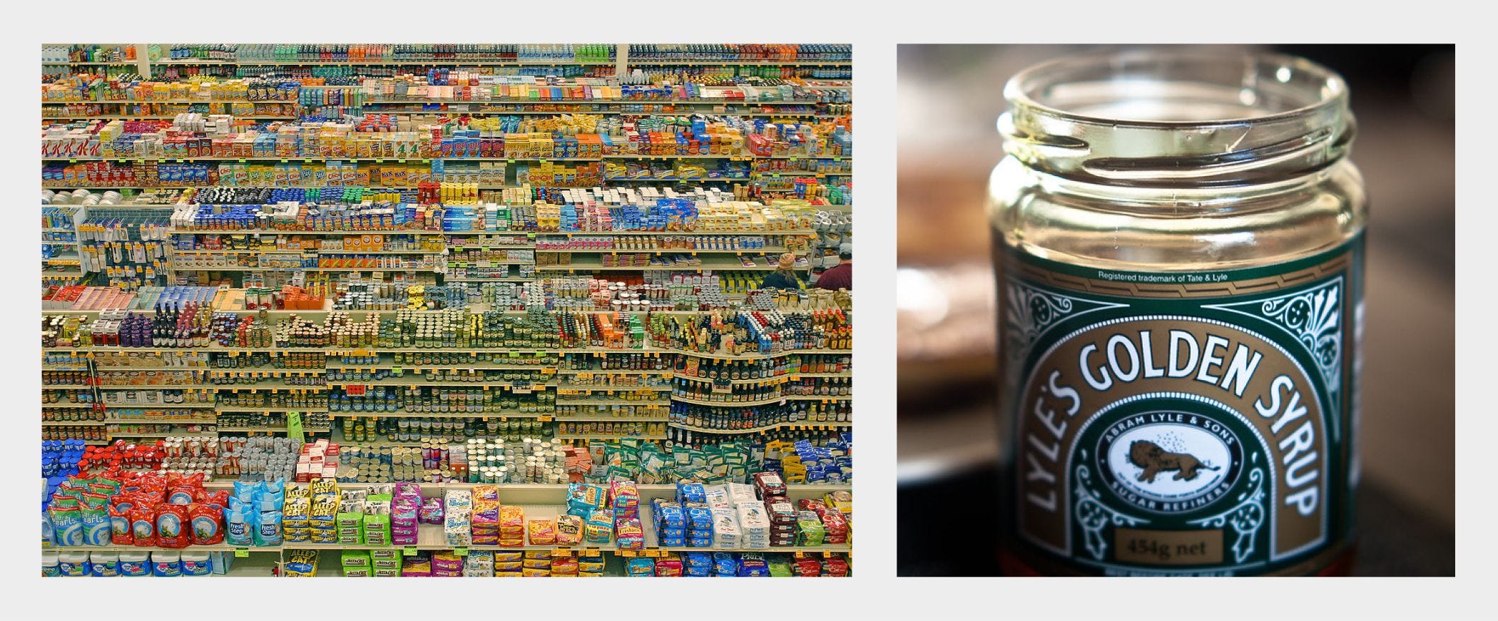 A photo of a crowded grocery aisle, and a snap of Lyle’s Golden Syrup with a dead lion on the logo.