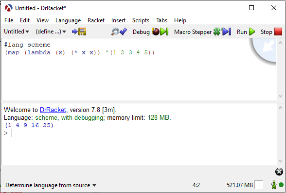 The DrRacket IDE window showing the result of running the example