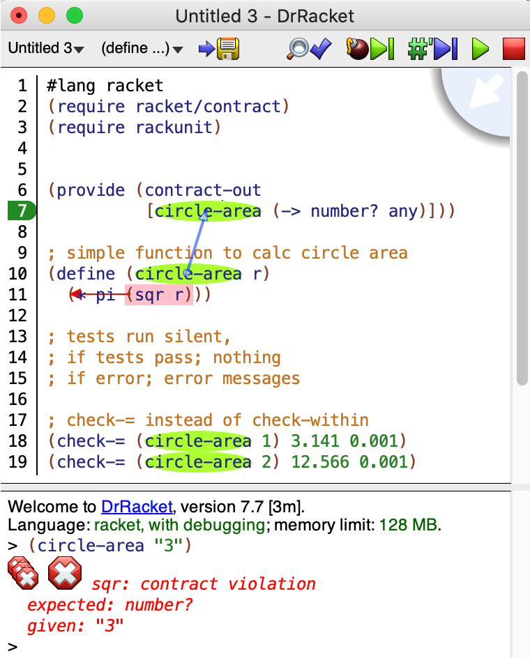 Close up view of DrRacket IDE with racket and examples of contracts for a circle-area function.