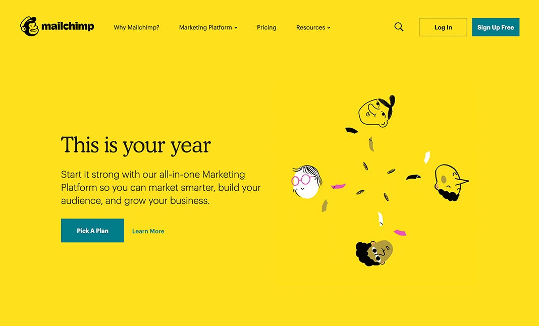 Mailchimp website screenshot with full yellow background and turquoise accent color