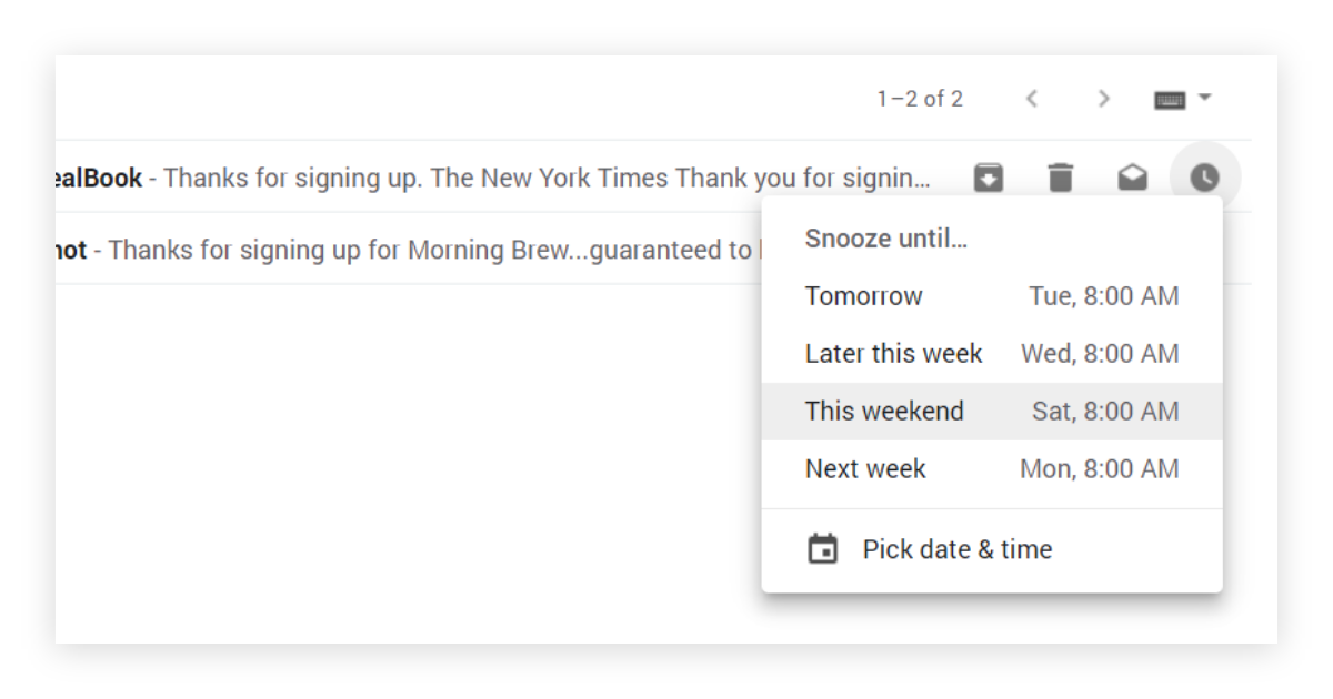 Screenshot of Gmail with possible snoozing options for an email.