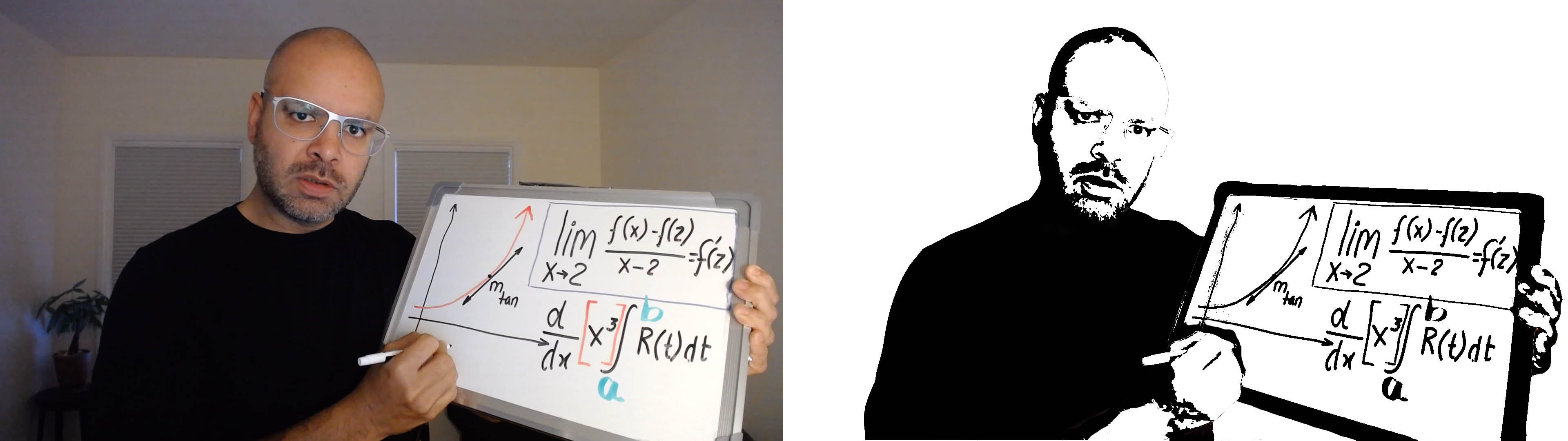 A person holding a whiteboard with the color image on left and a black-and-white photo on the right.