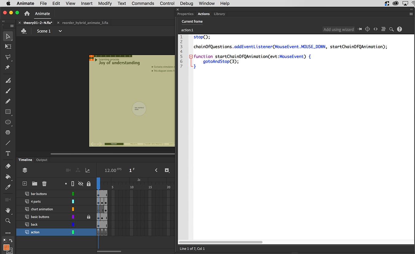 Showing an ActionScript example of AddEventListener with a custom function assigning an interactivity to a Movie Clip.