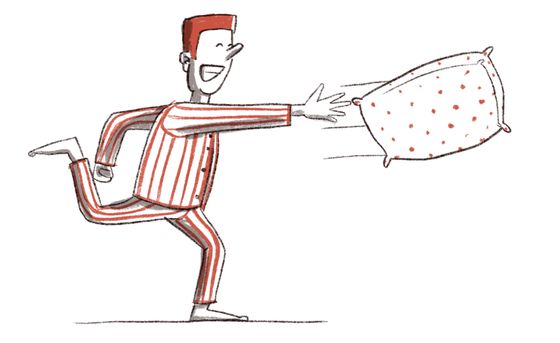 An illustration of a guy throwing a pillow.