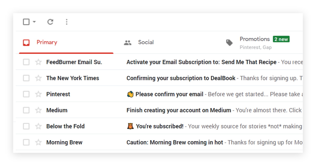 Screenshot of Gmail with Primary, Social, and Promotions tabs visible.