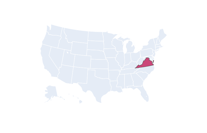 Static map of the United States, with white borders and the state of Virginia filled in red.