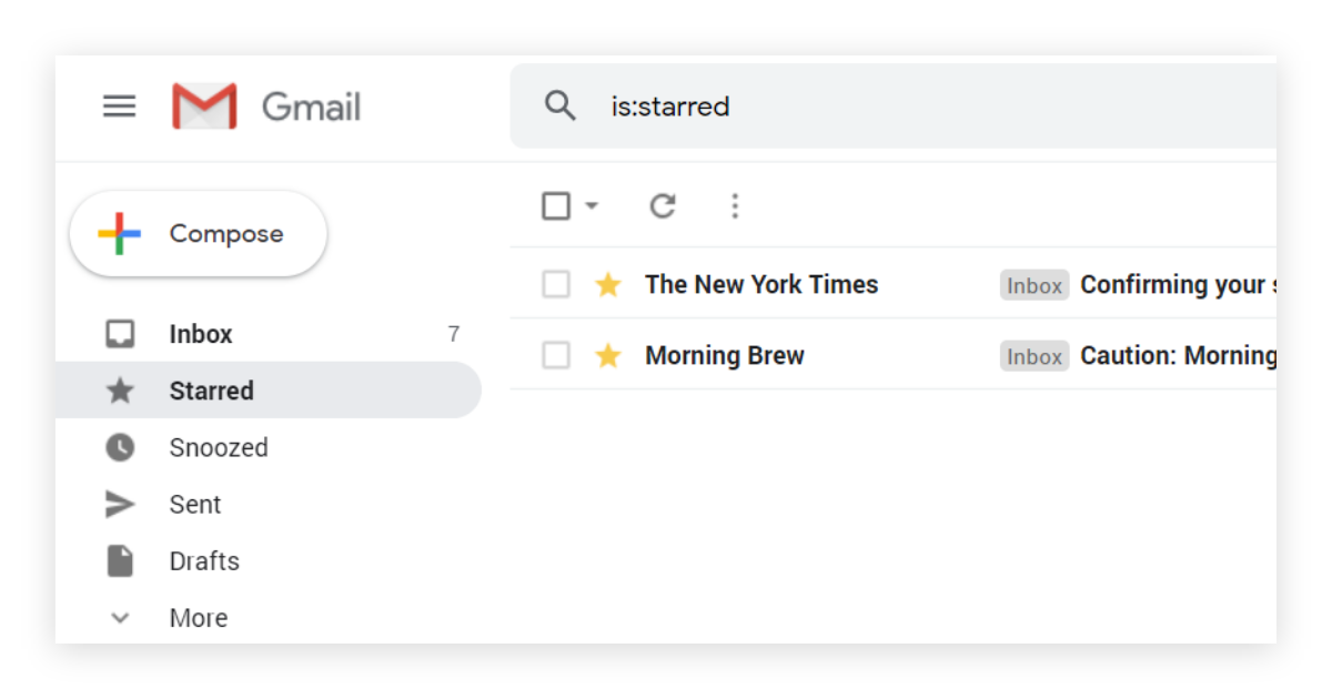 Selected starred folder in Gmail with two messages visible.
