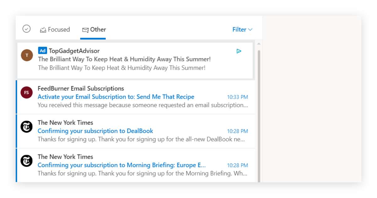 Screenshot of outlook with Focused and Other tabs visible.