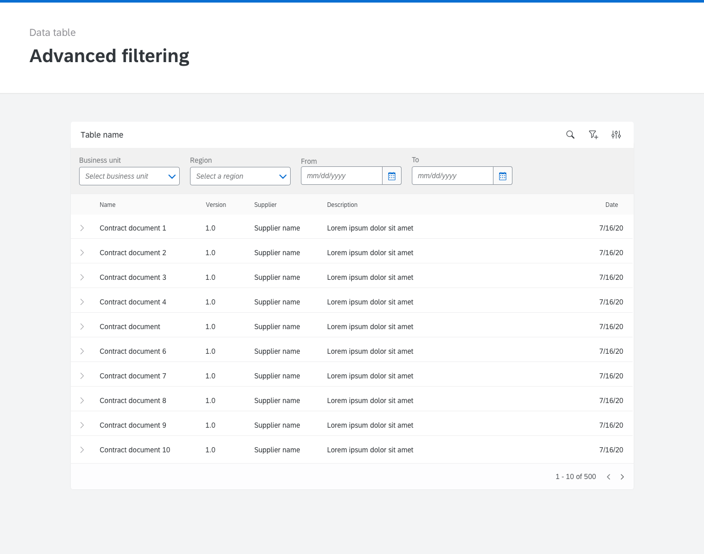 Quick or advanced filtering options on the data table.