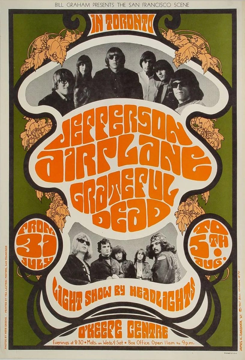 Jefferson Airplane Poster. Orange text written in a psyedelic style. Under it is the photo of the band. Background is green.