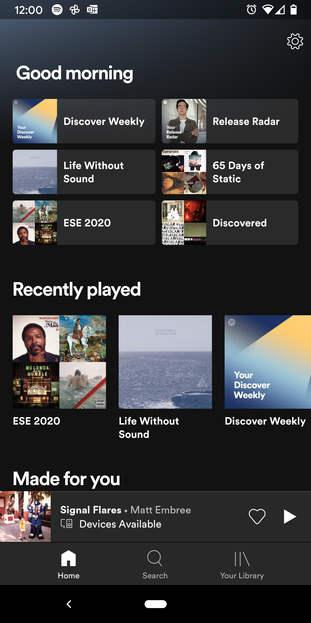 A screenshot of the Spotify home screen UI for on Android.