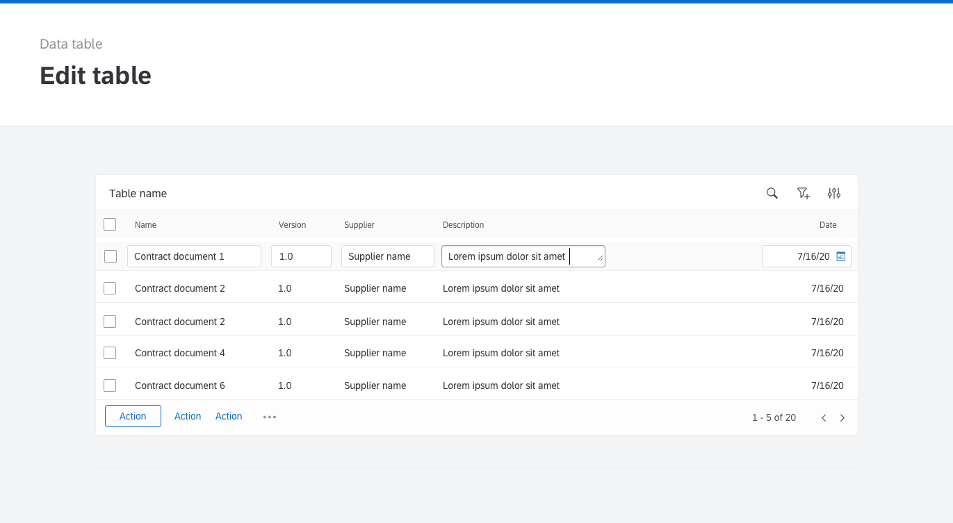 Edit view for data table