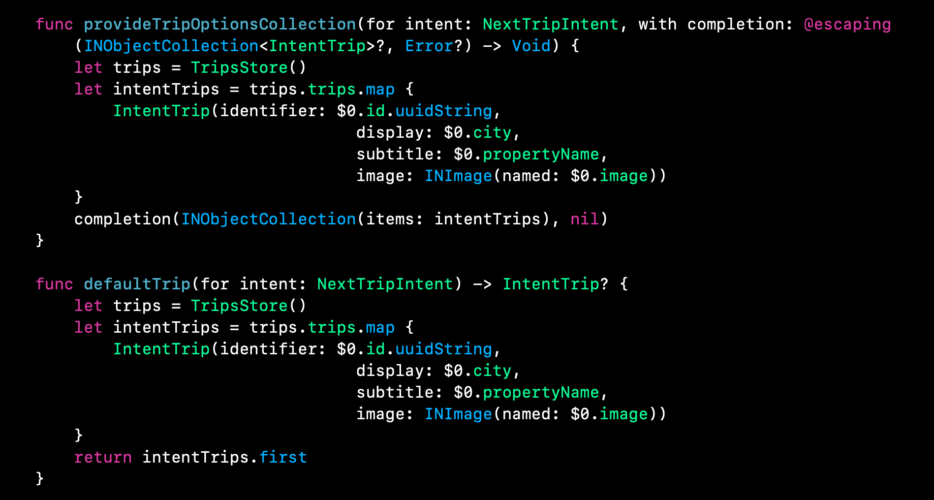 IntentHandler conformance to NextTripHandling. Implementation of the Xocde-generated protocol