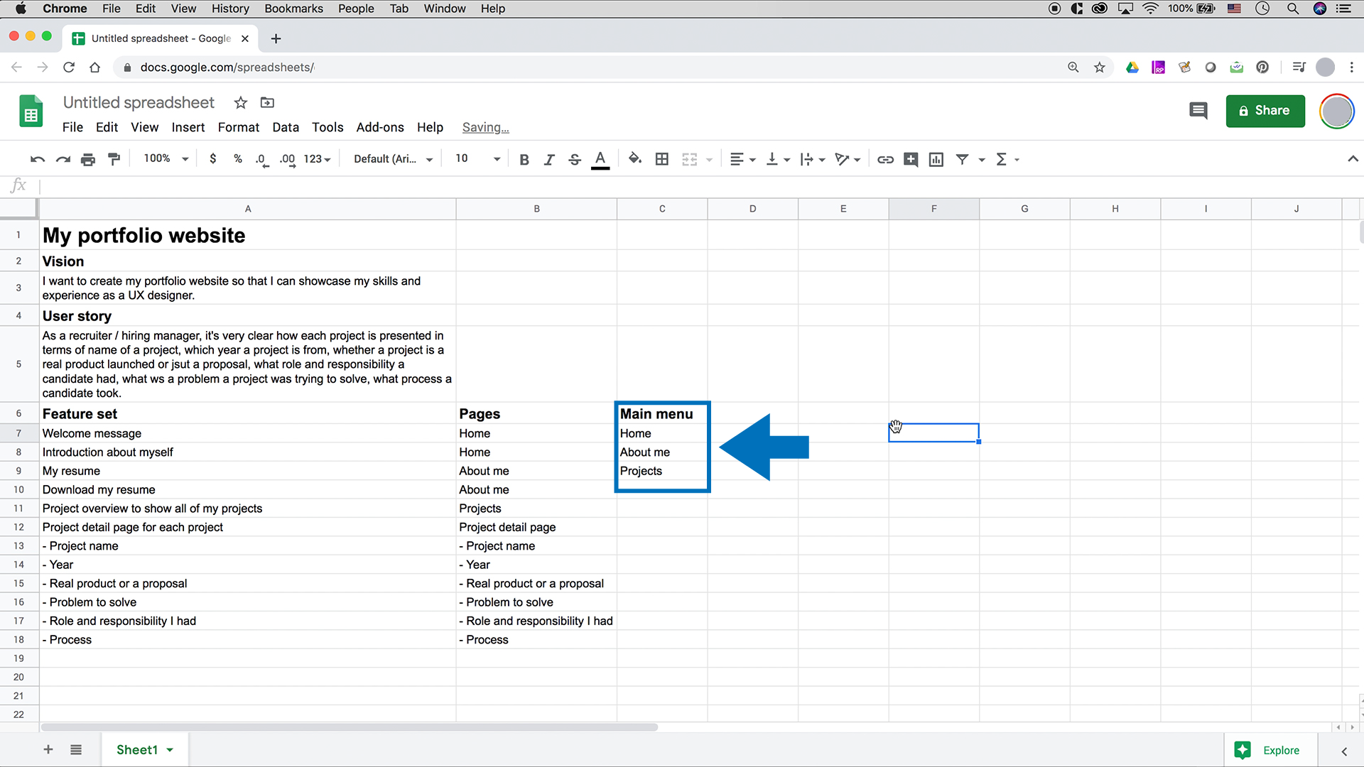 A screenshot of Google Sheets showing main menu column is added which shows main menu items.