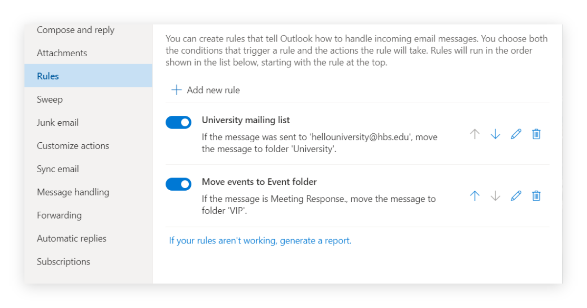 Rule management dialog in Outlook.