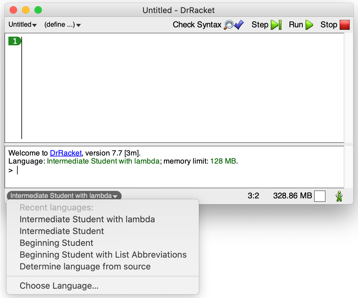 Screen shot of DrRacket IDE from the desktop. A menu displays several language choices from BSL to ISL.