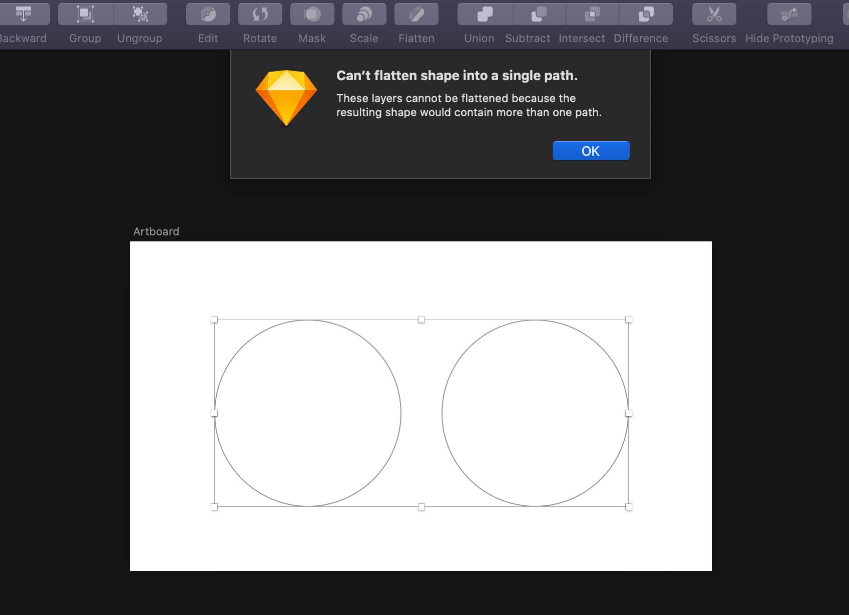 An attempt to flatten two circles that don’t intersect. We get an error since Sketch can’t flatten the shape into one path.
