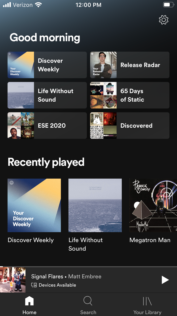 A screenshot of the Spotify home screen UI for on iOS.