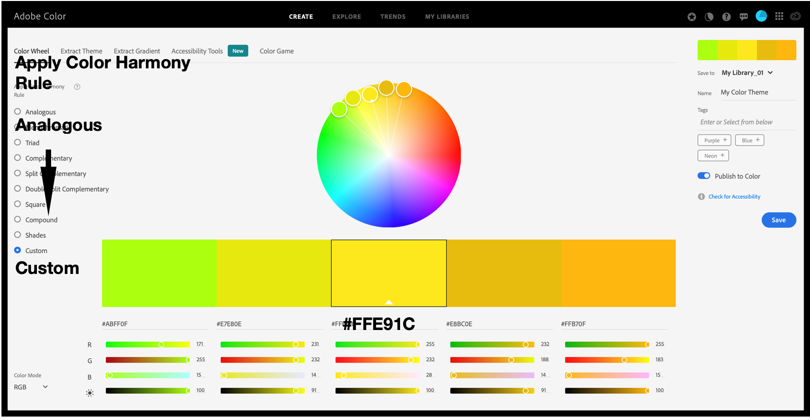 Selecting the “Custom” option under the Apply Color Harmony Rule.