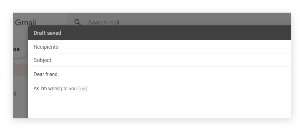 New message window in Gmail with smart compose suggestions.