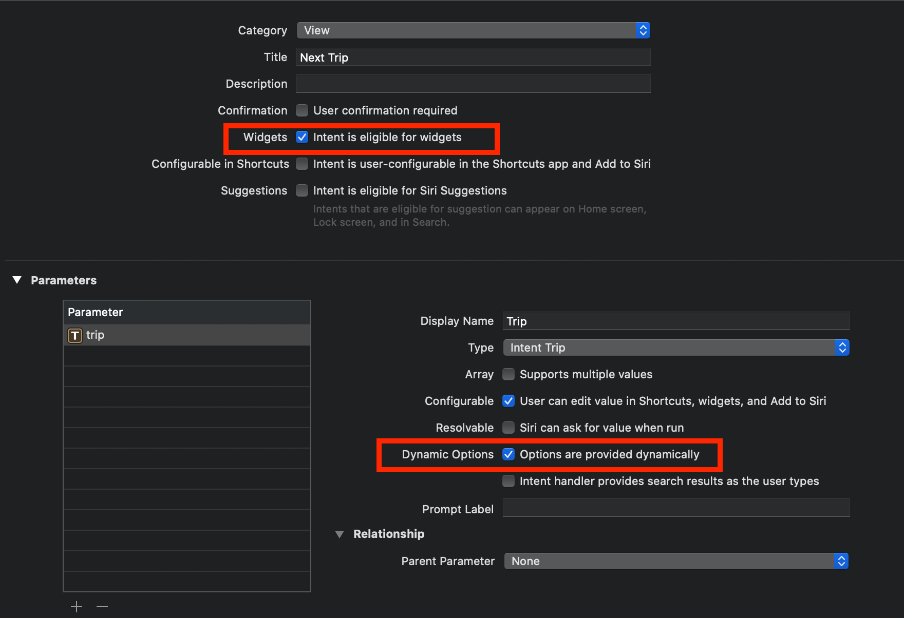 “Intent eligible for widgets” and “Options are provided dynamically” are checked in the Intent definition file