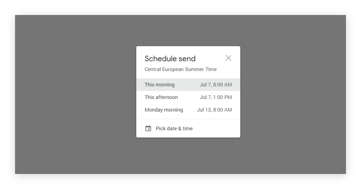 Scheduled send functionality in Gmail with pre-defined date suggestions.