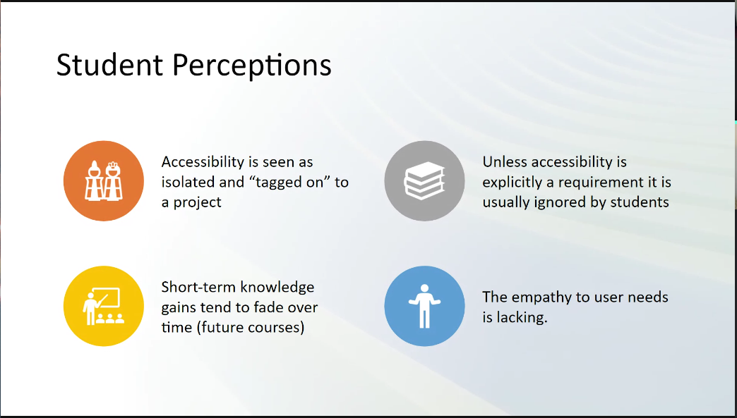 A screencap of a slide from Stephanie’s presentation, with four findings of student perceptions. Text on slide in caption.