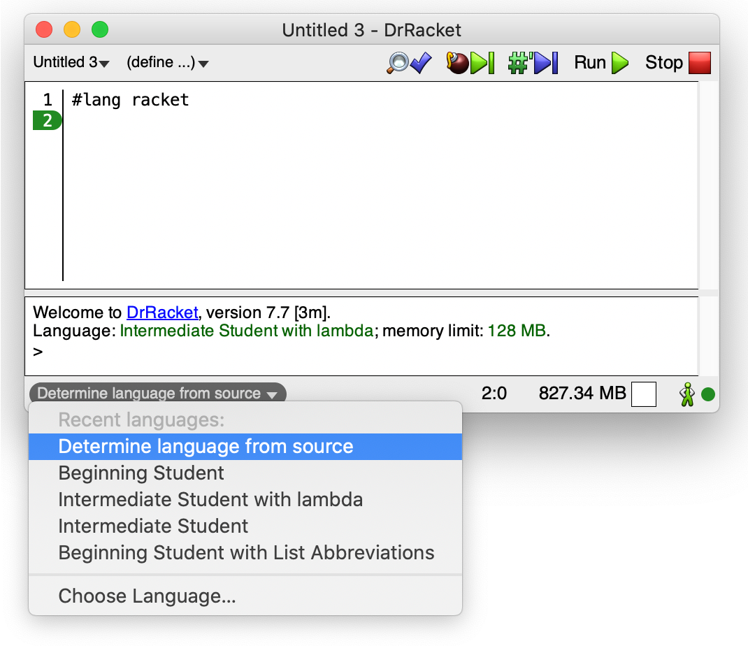 The DrRacket IDE, this time with Racket. “Determine language from source” is selected and the code specifies #lang racket.