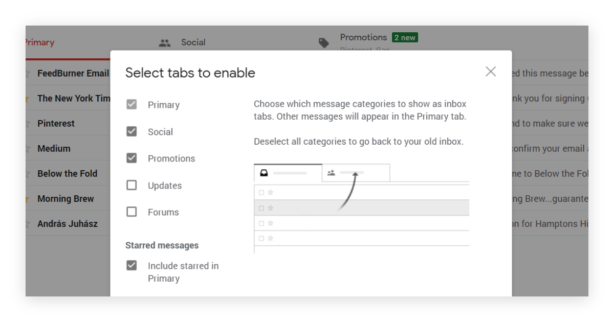 Configuring visible tabs in Gmail, such as Promotions or Updates.