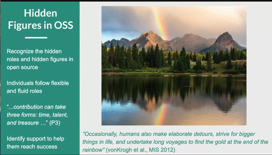 A slide with a picture of mountains and a rainbow on it, with four findings from Anita’s talk. Text in caption.