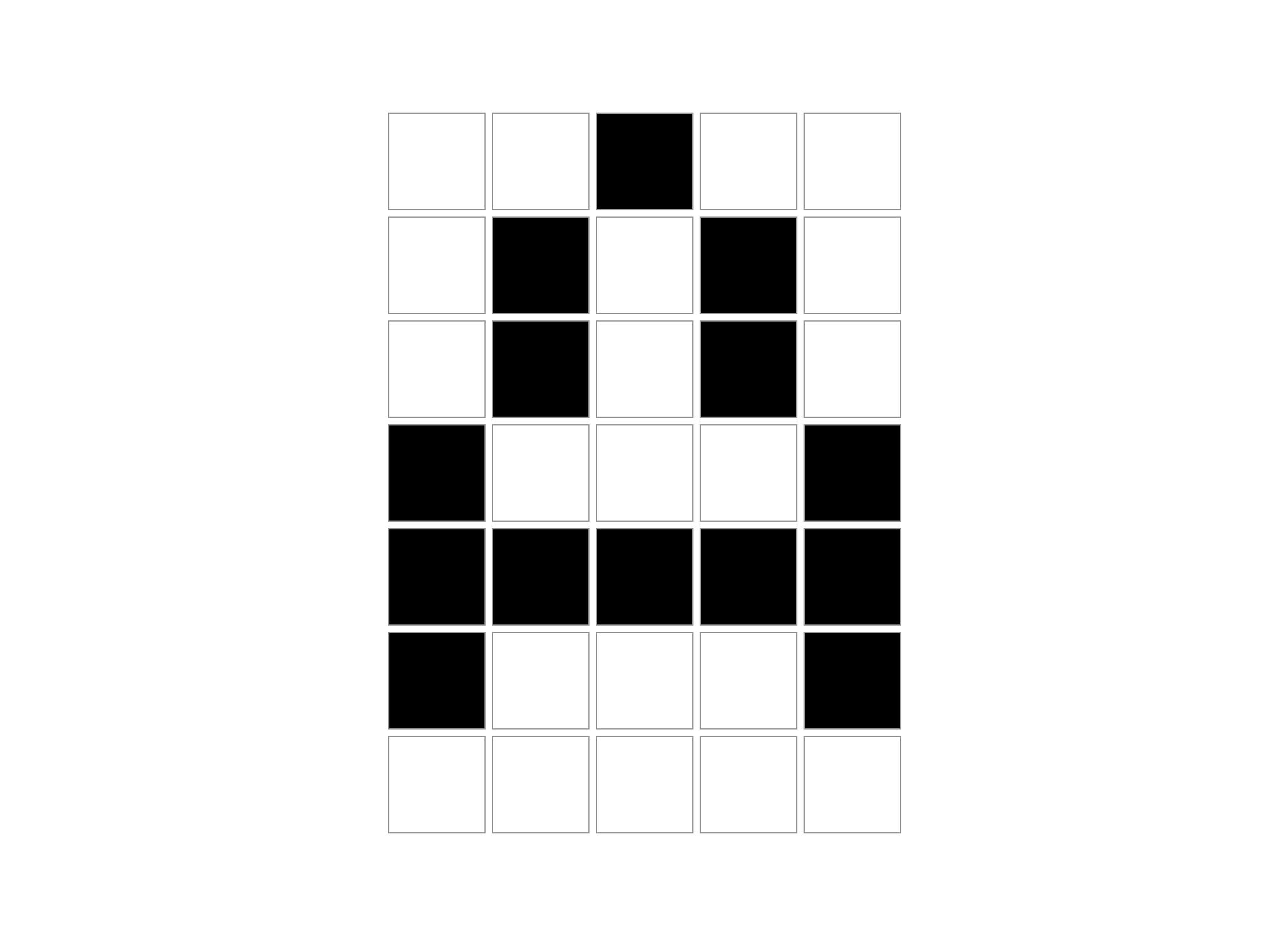 Bitmap-depiction of the letter “A” on a 5x7 grid.