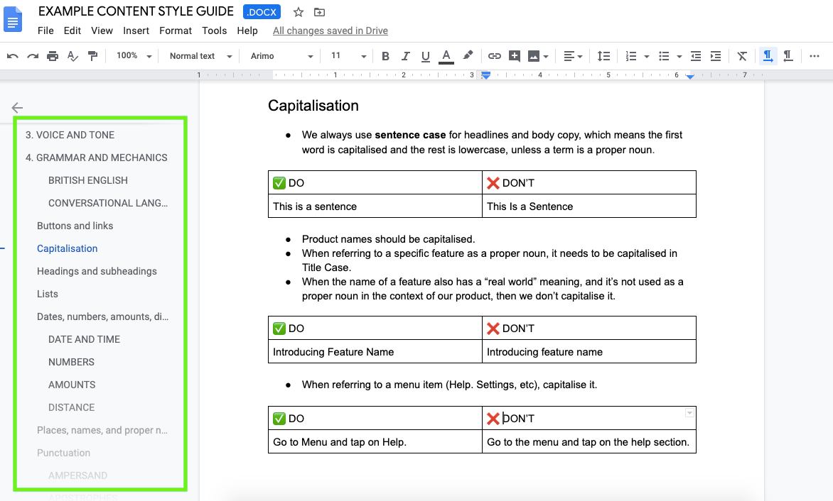 A screenshot of a Style Guide, highlighting the outline of the document on the left, containing the most basic content.