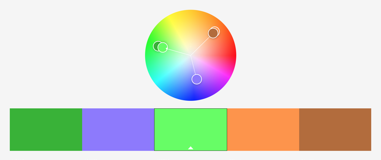 Colour wheel showing a greens, purples, oranges and tans in a triadic colour scheme