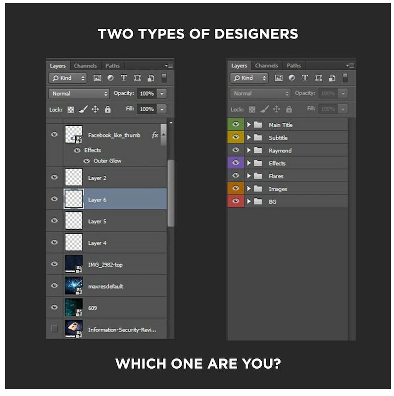 Two examples of Photoshop layer panels: Poorly named layers on the left vs multiple color-coded groups on the right