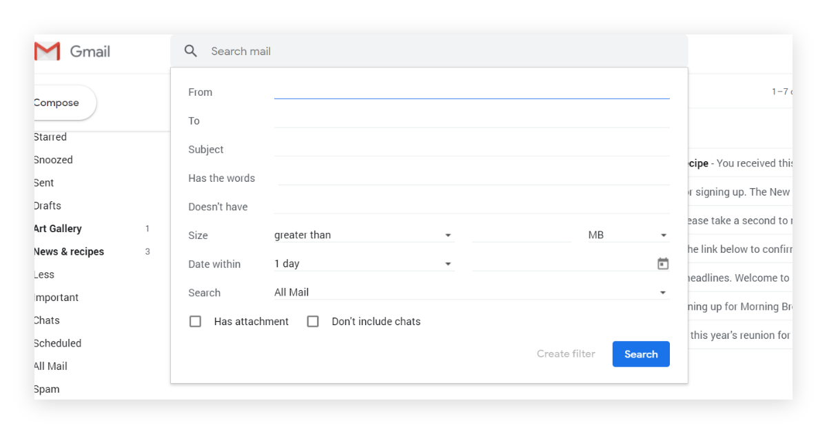 Advanced email search in Gmail.