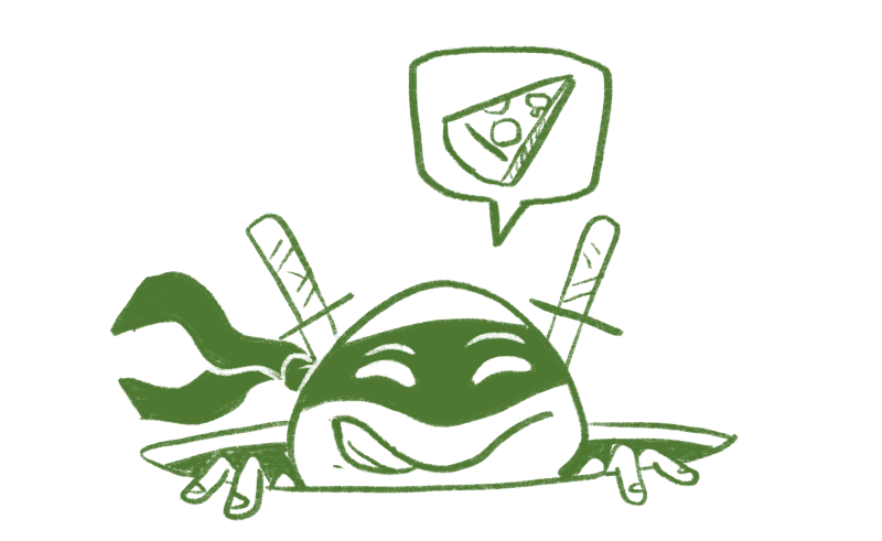 An illustration of a ninja turtle coming out of a whole, thinking about pizza.