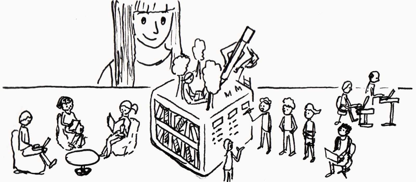 A rough sketch of a culture designer in giant form drawing features onto an office being used by miniature people.