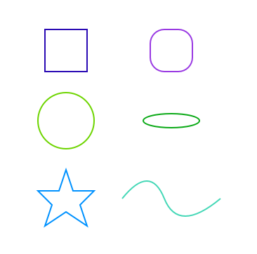 Simple shapes like a square, circle, ellipse, star, a curved line, etc., produced using a few lines of code.