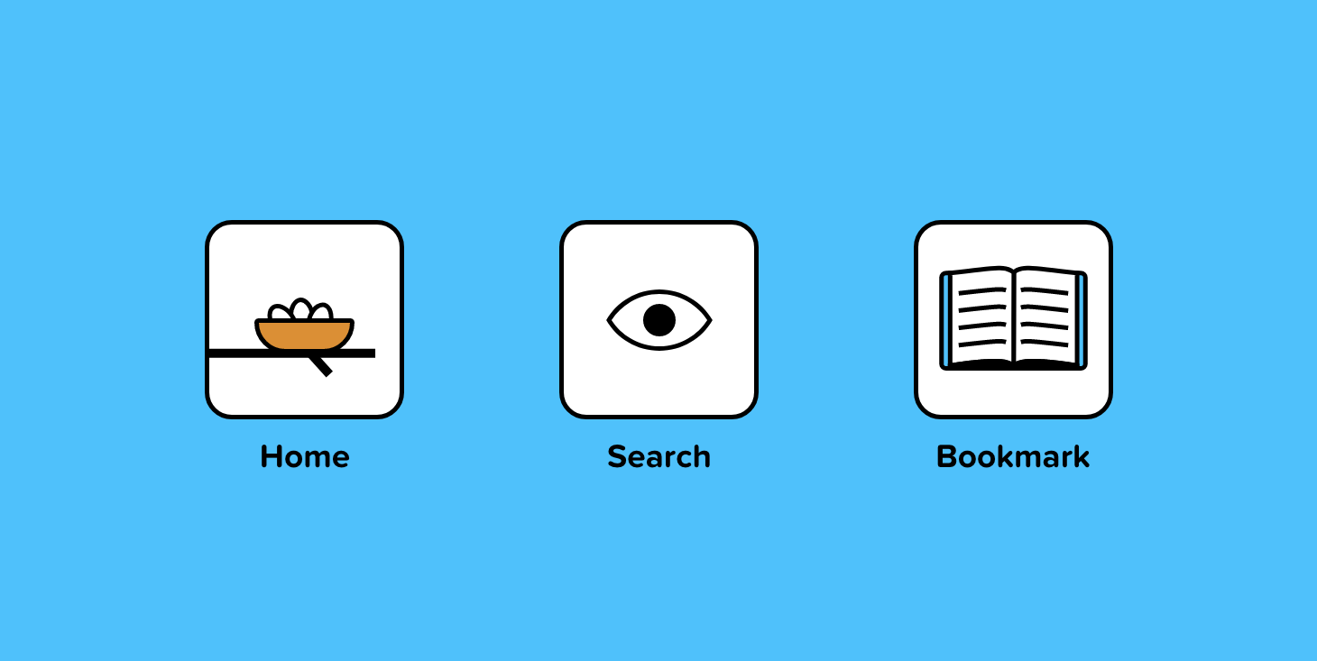 Icons that represent home, search and bookmark