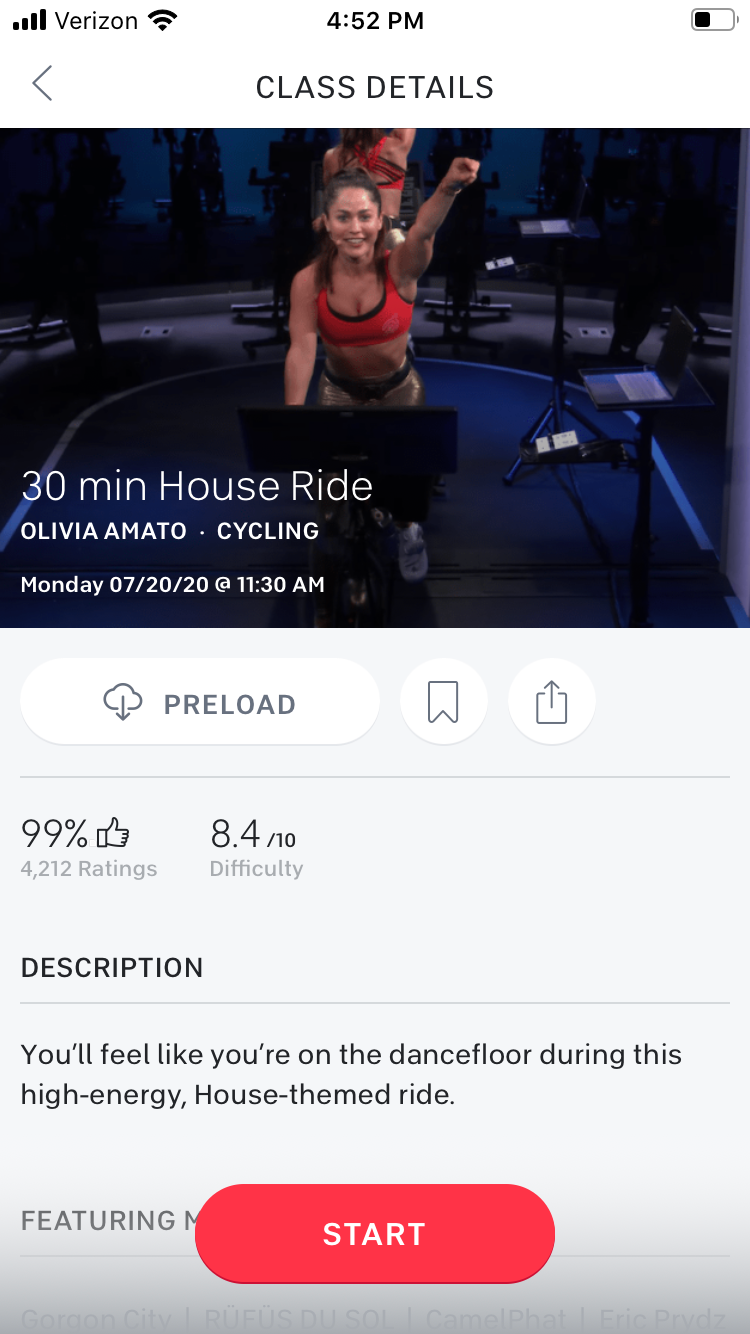 A screenshot of a Peloton class on iPhone which includes a share option.