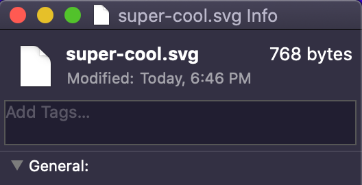 A screenshot showing the size of the SVG we produced using code. The vector image is only 768 bytes.