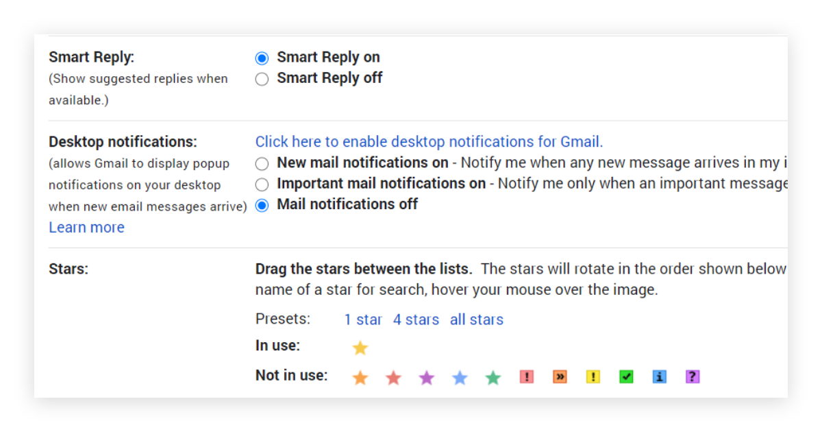Desktop notification settings in Gmail.