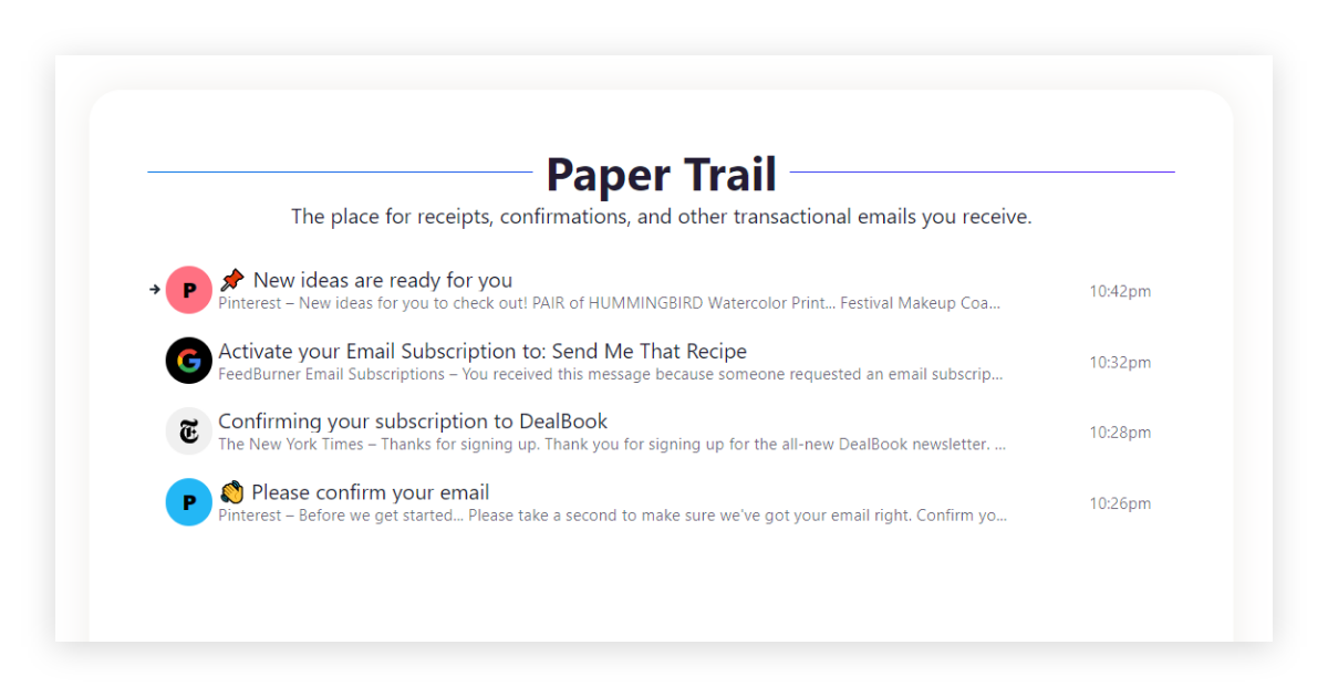 Screenshot of paper trail functionality in Hey with an email list view below.