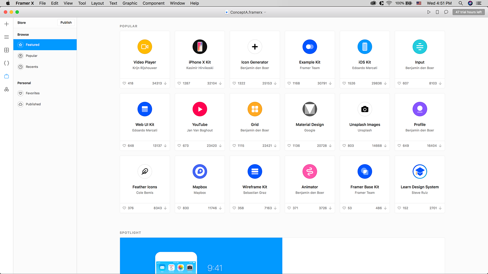 A screenshot of Framer X store showing featured components uploaded by community members.