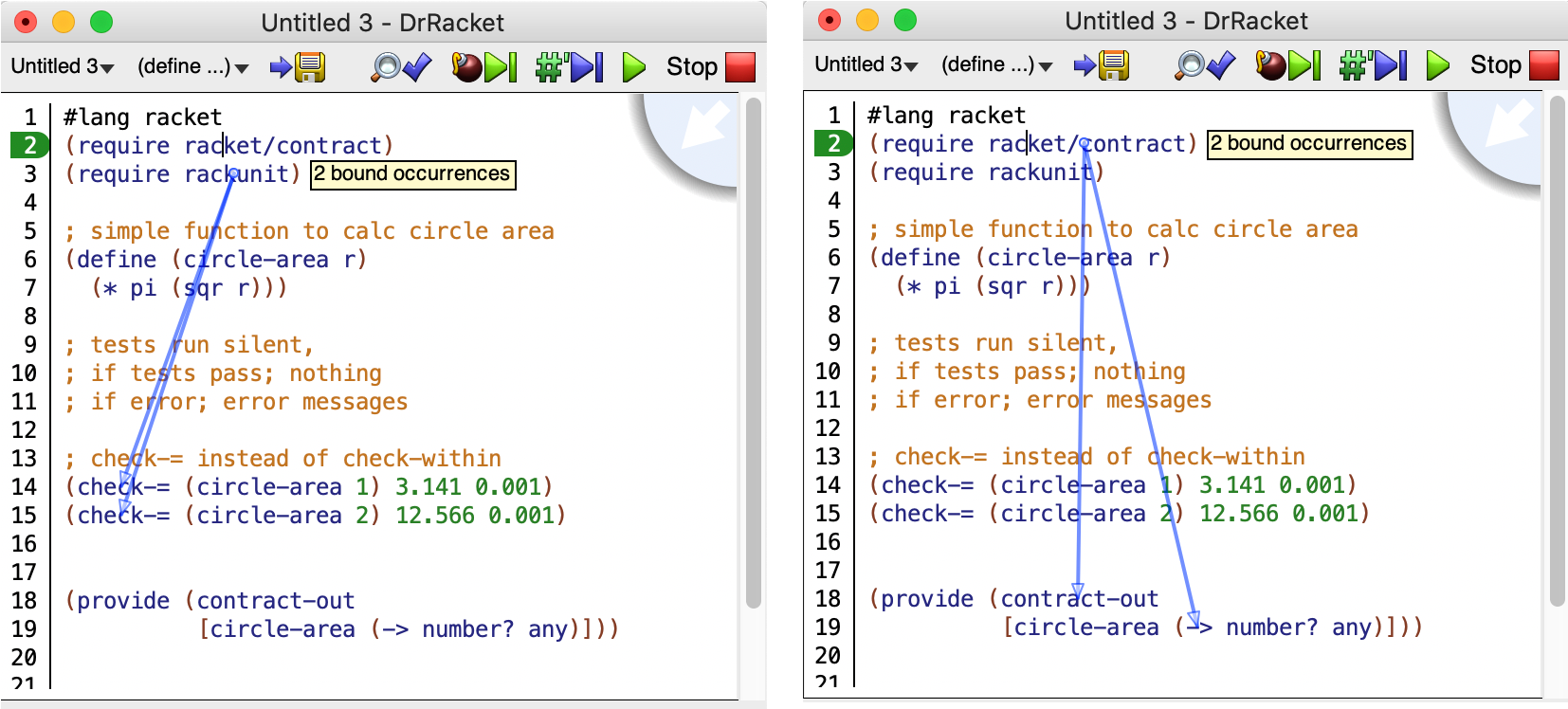 Side-by-side view of DrRacket showing the visual linkage from imported packages to their implementation in code.